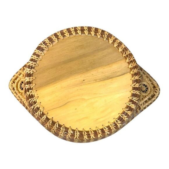 Handcrafted Pine Needle Straw Woven Rattan & Wood Decorative Basket Dish Handles - Picture 4 of 7